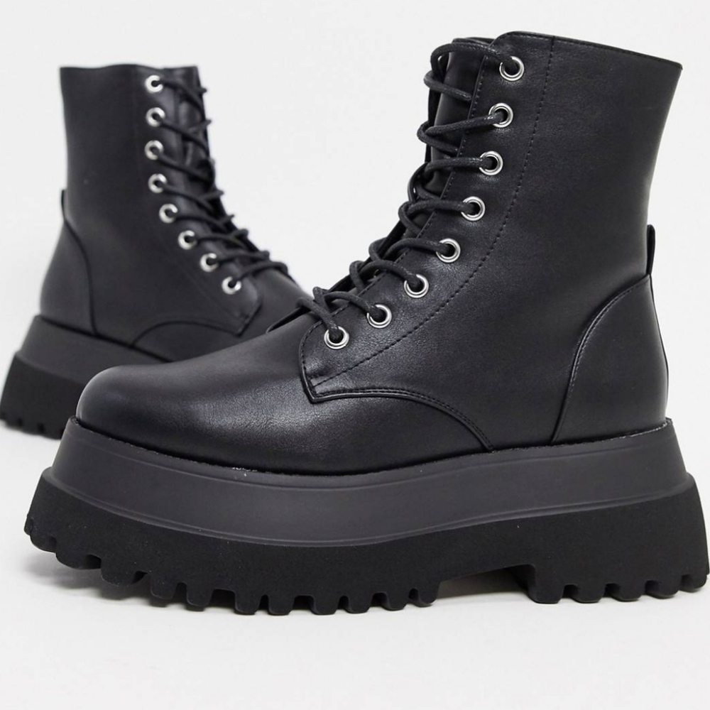 Asos black platform chunk moto ankle combat boots